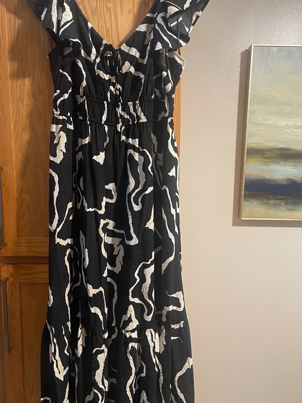 Nine West Black and White Abstract Ruffle-Shoulder Maxi Dress